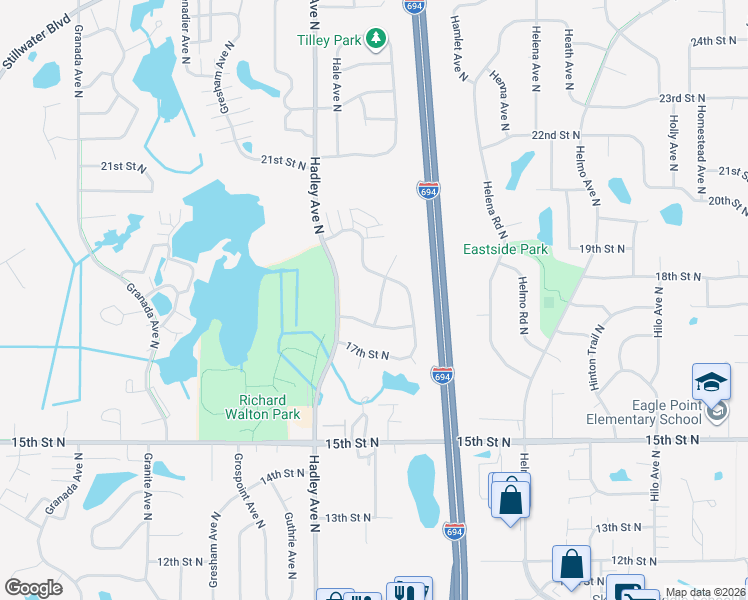 map of restaurants, bars, coffee shops, grocery stores, and more near 7092 Upper 17th Street North in Oakdale