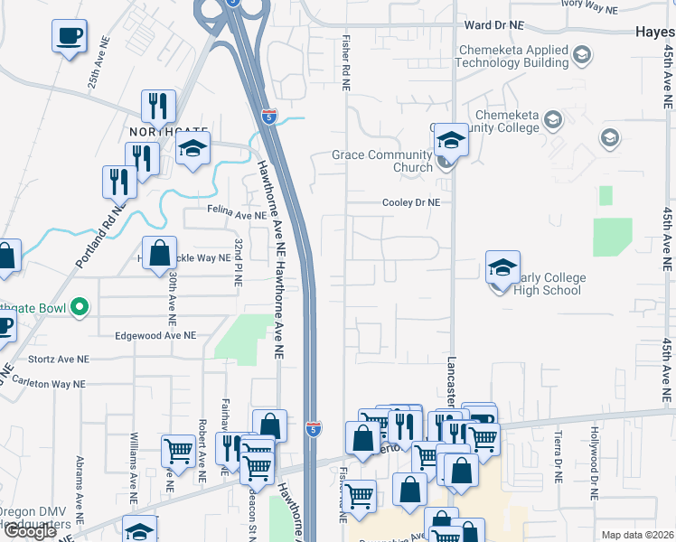 map of restaurants, bars, coffee shops, grocery stores, and more near 3823 Fisher Road Northeast in Salem