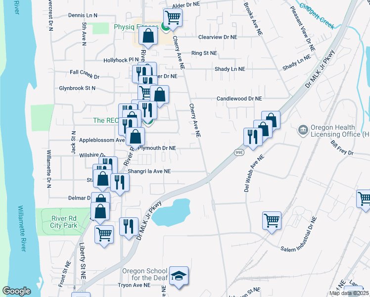 map of restaurants, bars, coffee shops, grocery stores, and more near 930 Plymouth Drive Northeast in Keizer