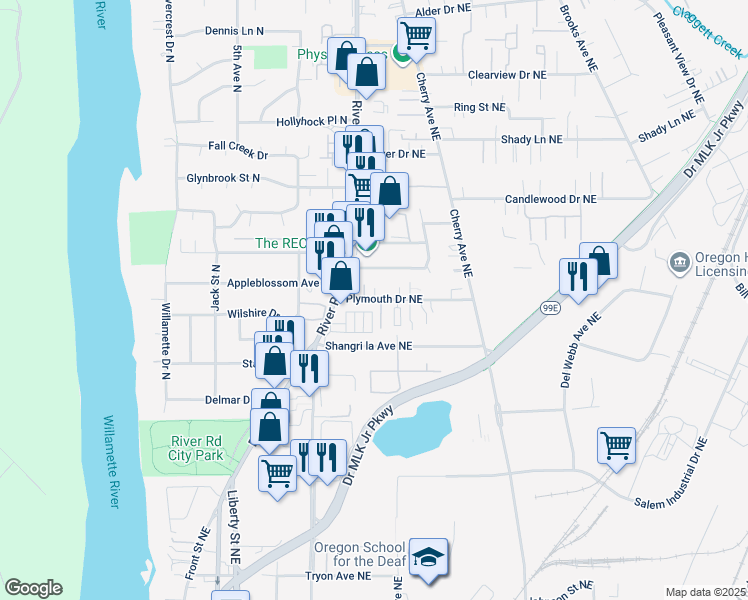 map of restaurants, bars, coffee shops, grocery stores, and more near 748 Plymouth Drive Northeast in Keizer