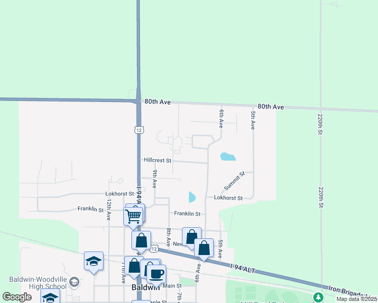 map of restaurants, bars, coffee shops, grocery stores, and more near 640 Hillcrest Street in Baldwin