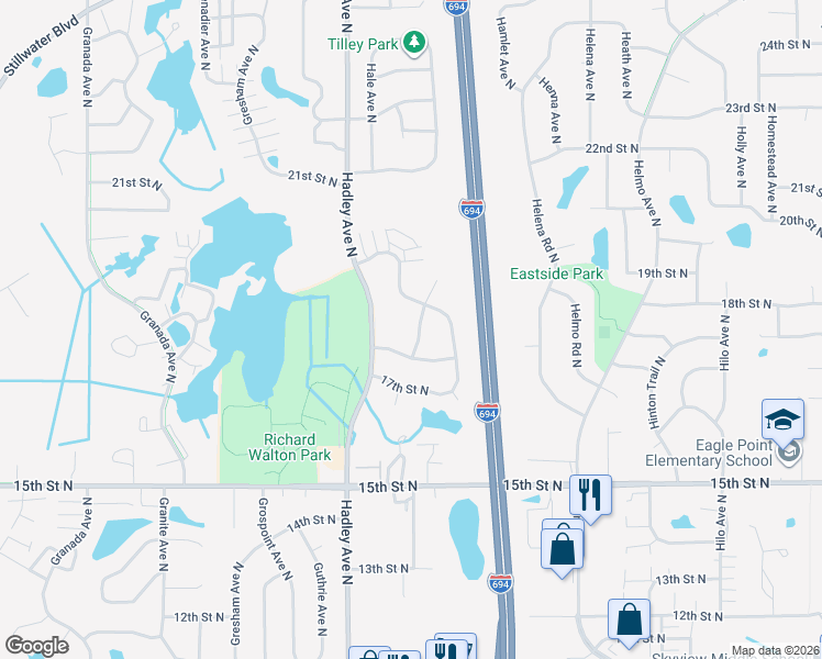 map of restaurants, bars, coffee shops, grocery stores, and more near 7092 Upper 17th Street North in Oakdale