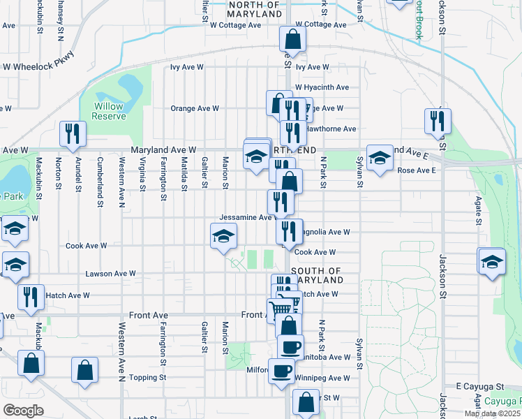 map of restaurants, bars, coffee shops, grocery stores, and more near 1106 North Woodbridge Street in Saint Paul
