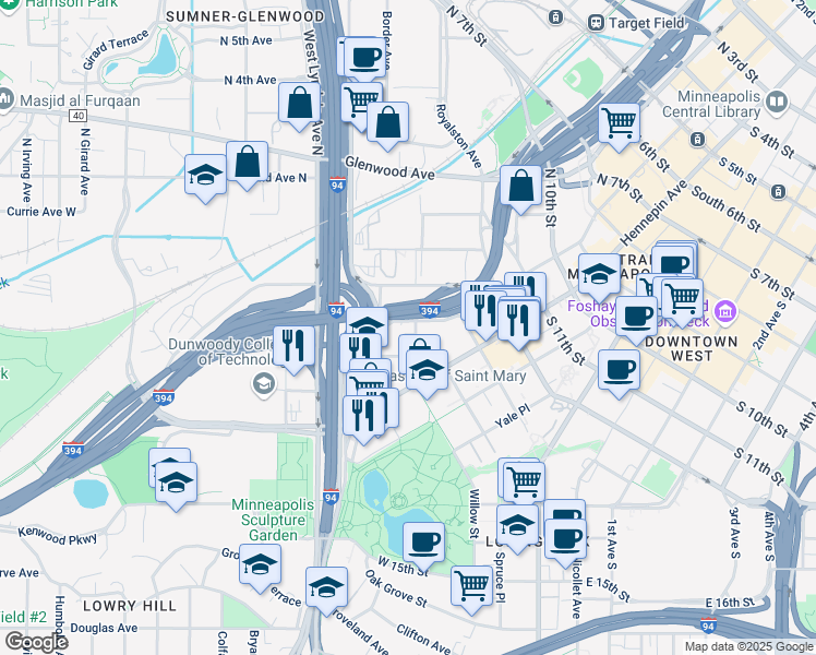 map of restaurants, bars, coffee shops, grocery stores, and more near 1510 Laurel Avenue West in Minneapolis