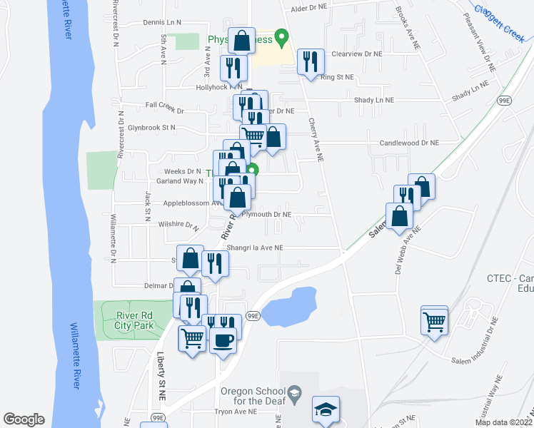 map of restaurants, bars, coffee shops, grocery stores, and more near 730 Plymouth Drive Northeast in Keizer