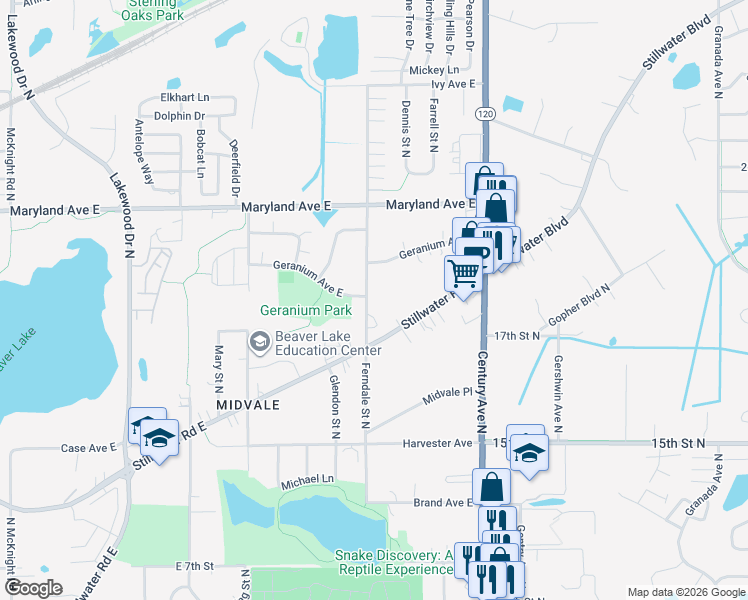 map of restaurants, bars, coffee shops, grocery stores, and more near 1106 Ferndale Street North in Maplewood