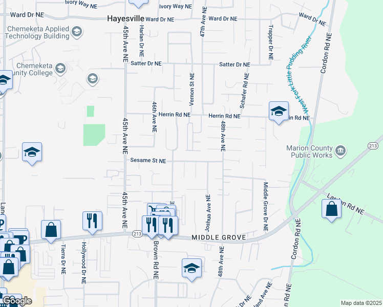 map of restaurants, bars, coffee shops, grocery stores, and more near 4678 Swindoll Place Northeast in Salem