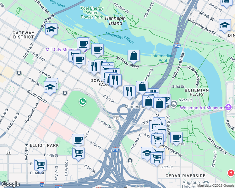 map of restaurants, bars, coffee shops, grocery stores, and more near 1201 South Washington Avenue in Minneapolis