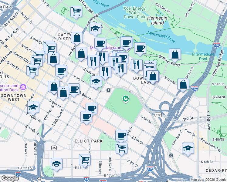 map of restaurants, bars, coffee shops, grocery stores, and more near 2 Chicago Avenue in Minneapolis