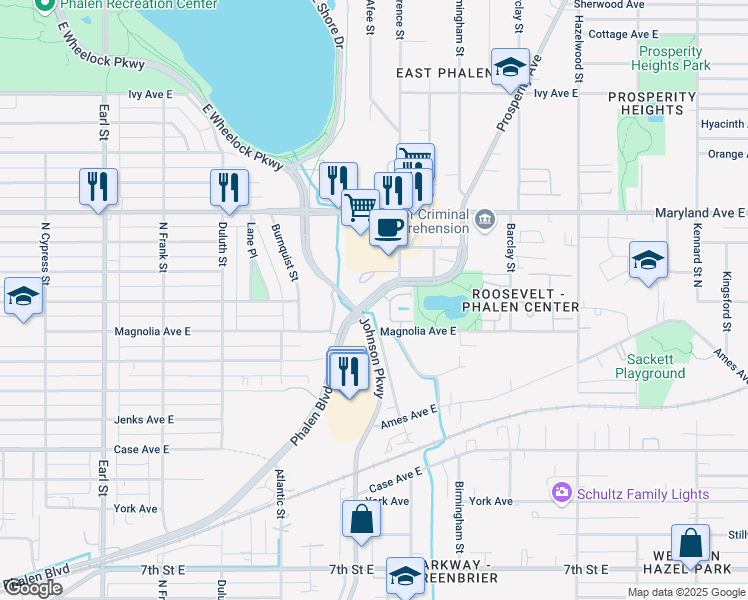 map of restaurants, bars, coffee shops, grocery stores, and more near 1256 Phalen Boulevard in Saint Paul