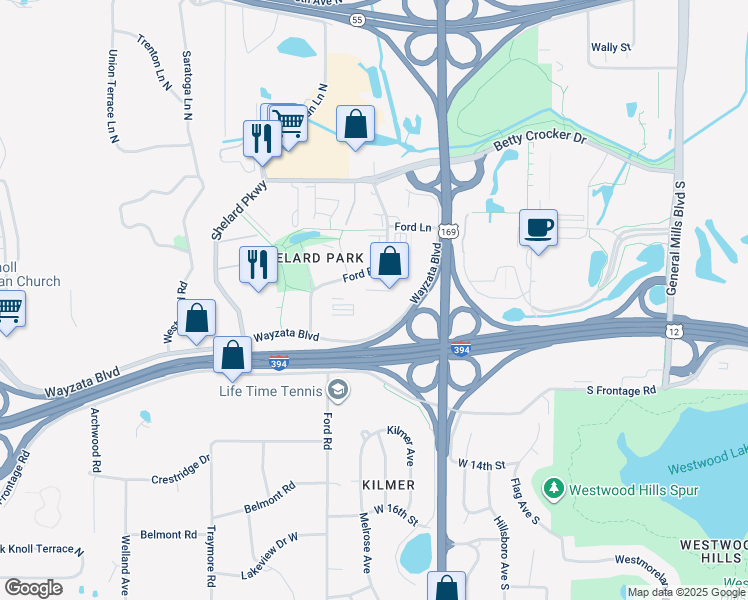 map of restaurants, bars, coffee shops, grocery stores, and more near 600 U.S. 169 in Saint Louis Park