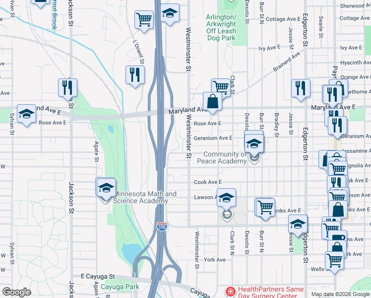 map of restaurants, bars, coffee shops, grocery stores, and more near 324 Jessamine Avenue East in Saint Paul