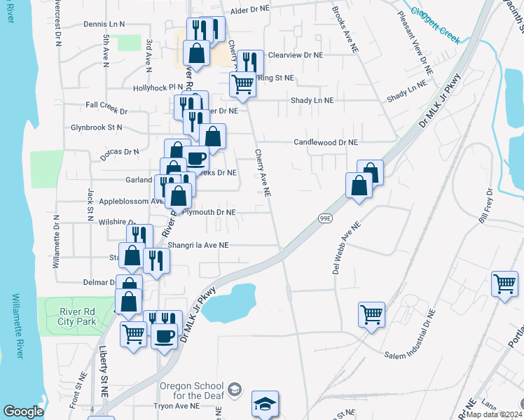 map of restaurants, bars, coffee shops, grocery stores, and more near 930 Plymouth Drive Northeast in Keizer