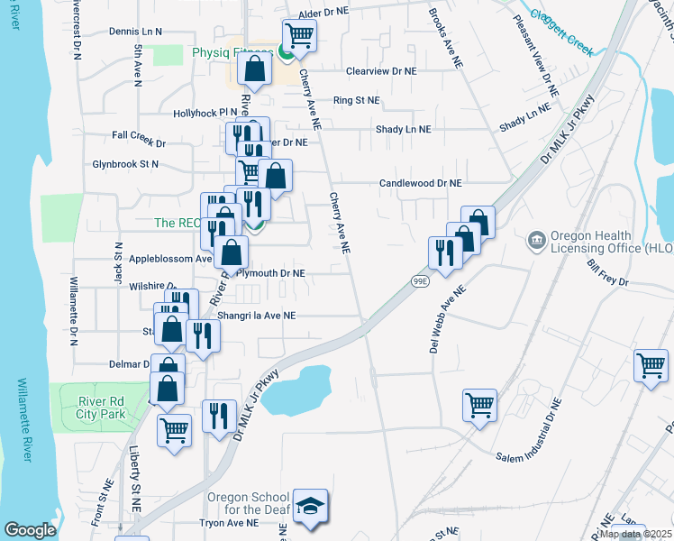 map of restaurants, bars, coffee shops, grocery stores, and more near 930 Plymouth Drive Northeast in Keizer