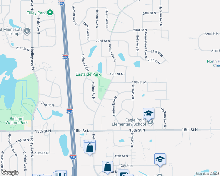 map of restaurants, bars, coffee shops, grocery stores, and more near 7531 Upper 17th Street North in Oakdale