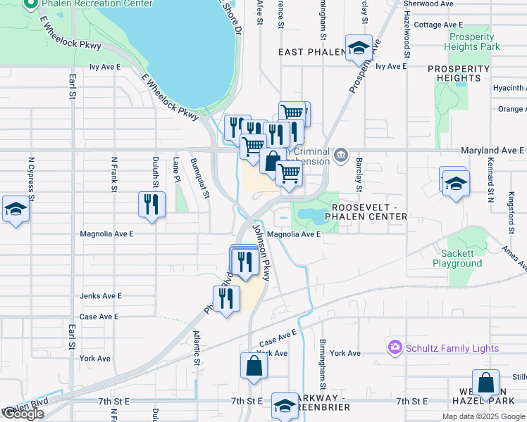 map of restaurants, bars, coffee shops, grocery stores, and more near 1332 Phalen Boulevard in Saint Paul