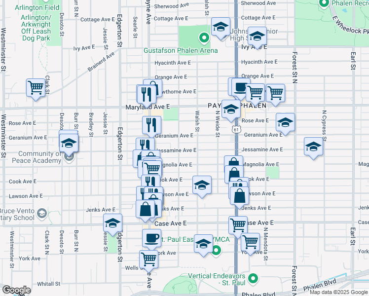 map of restaurants, bars, coffee shops, grocery stores, and more near 710 Jessamine Avenue East in Saint Paul