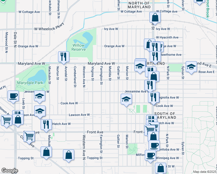 map of restaurants, bars, coffee shops, grocery stores, and more near 1105 Matilda Street in Saint Paul