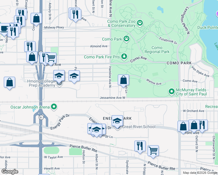 map of restaurants, bars, coffee shops, grocery stores, and more near 1121 Hamline Avenue North in Saint Paul