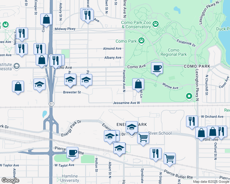map of restaurants, bars, coffee shops, grocery stores, and more near 1121 Hamline Avenue North in Saint Paul