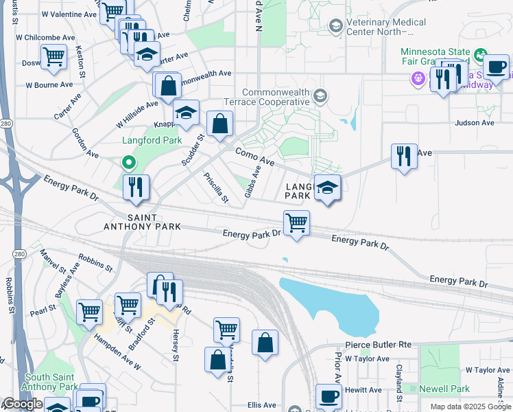 map of restaurants, bars, coffee shops, grocery stores, and more near 2044 Brewster Street in Saint Paul