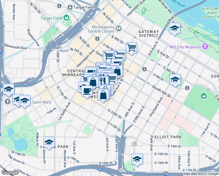 map of restaurants, bars, coffee shops, grocery stores, and more near 821 South Marquette Avenue in Minneapolis