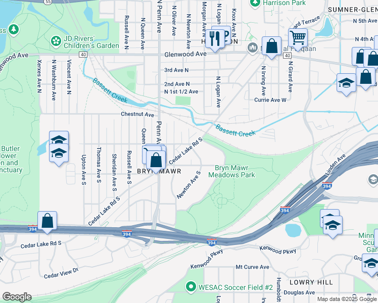 map of restaurants, bars, coffee shops, grocery stores, and more near 2100 West Laurel Avenue in Minneapolis