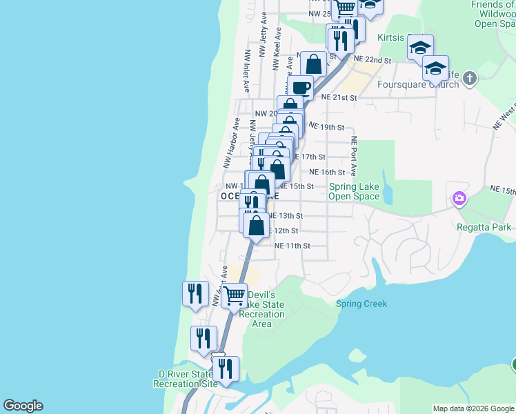 map of restaurants, bars, coffee shops, grocery stores, and more near 1436 Northeast 13th Street in Lincoln City