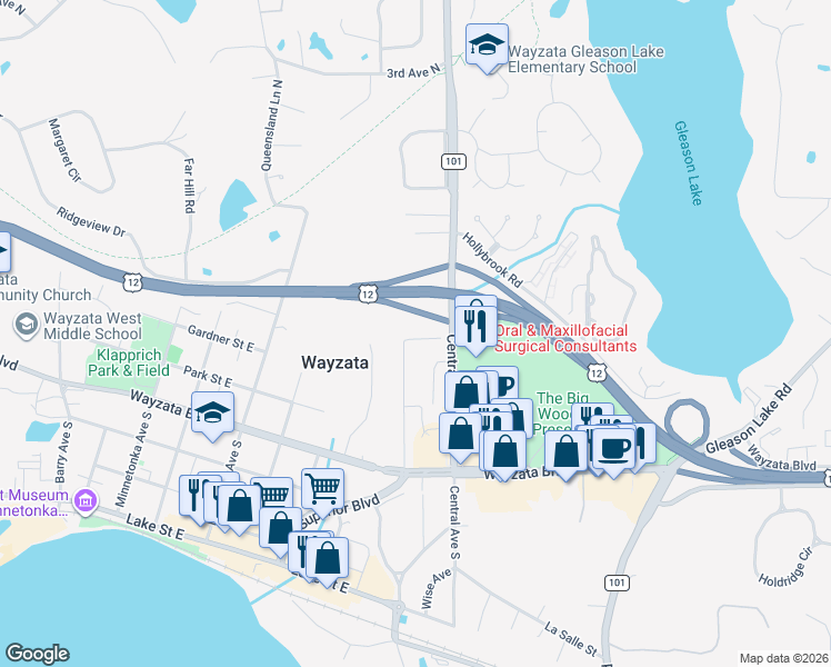 map of restaurants, bars, coffee shops, grocery stores, and more near 265 Benton Avenue in Wayzata