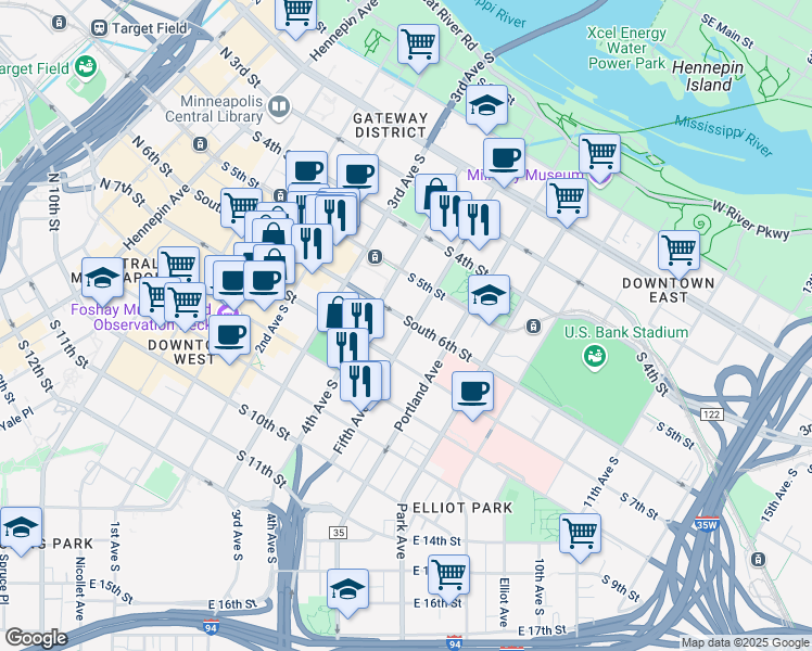 map of restaurants, bars, coffee shops, grocery stores, and more near 600 5th Avenue South in Minneapolis