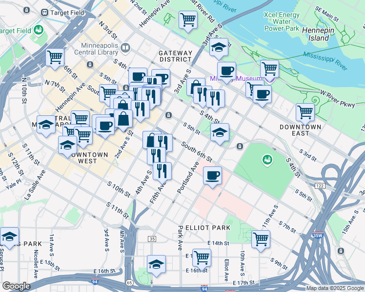 map of restaurants, bars, coffee shops, grocery stores, and more near 600 5th Avenue South in Minneapolis