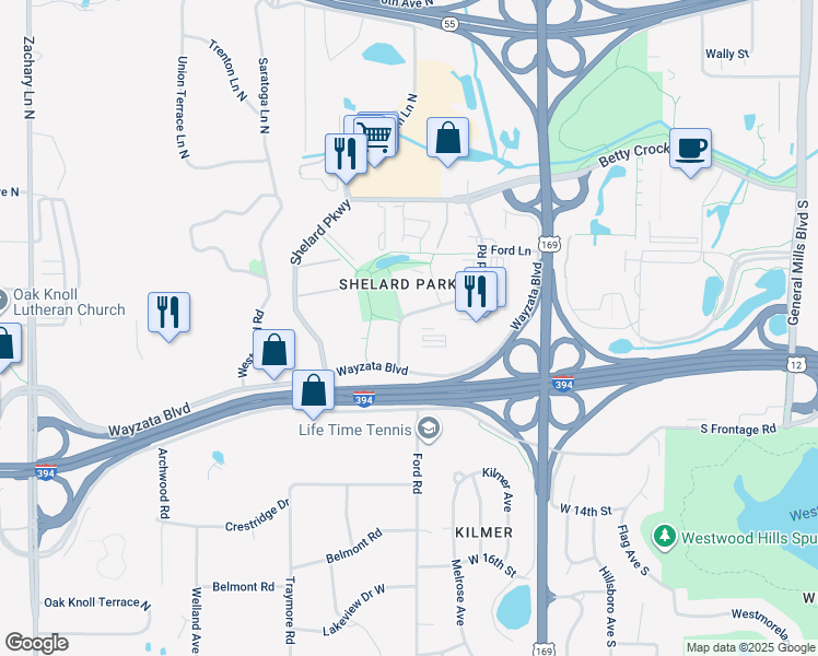 map of restaurants, bars, coffee shops, grocery stores, and more near 435 Ford Road in St. Louis Park