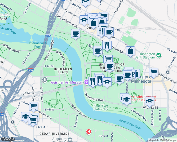 map of restaurants, bars, coffee shops, grocery stores, and more near 128 Pleasant Street Southeast in Minneapolis