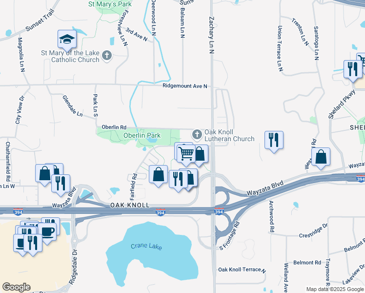 map of restaurants, bars, coffee shops, grocery stores, and more near 11367 Fairfield Road in Minnetonka