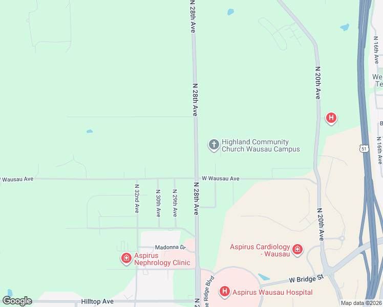 map of restaurants, bars, coffee shops, grocery stores, and more near 1004 North 28th Avenue in Wausau