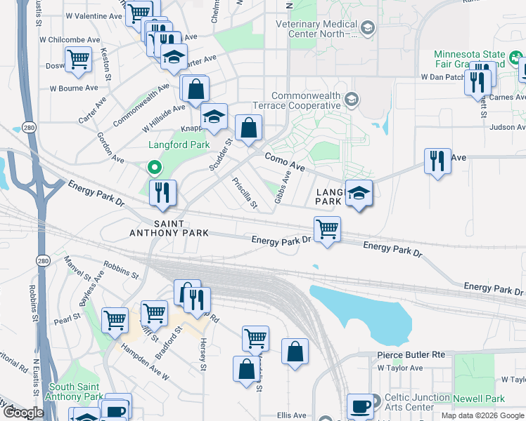map of restaurants, bars, coffee shops, grocery stores, and more near 2257 Priscilla Street in Saint Paul