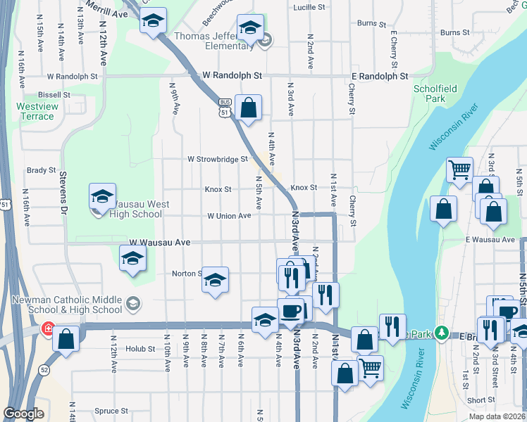 map of restaurants, bars, coffee shops, grocery stores, and more near 915 North 5th Avenue in Wausau