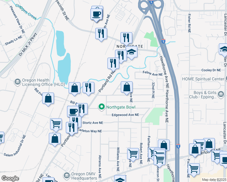 map of restaurants, bars, coffee shops, grocery stores, and more near 2490 Wayside Terrace Northeast in Salem