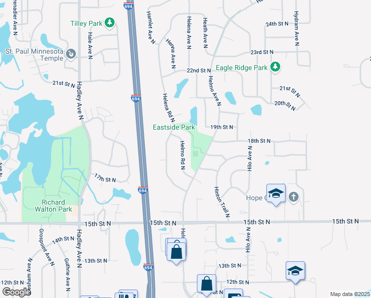map of restaurants, bars, coffee shops, grocery stores, and more near 1775 Helmo Road North in Oakdale