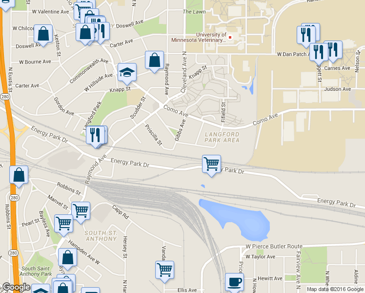 map of restaurants, bars, coffee shops, grocery stores, and more near 2044 Brewster Street in Saint Paul