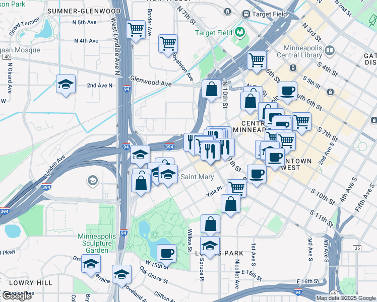 map of restaurants, bars, coffee shops, grocery stores, and more near 1300 13th Street North in Minneapolis