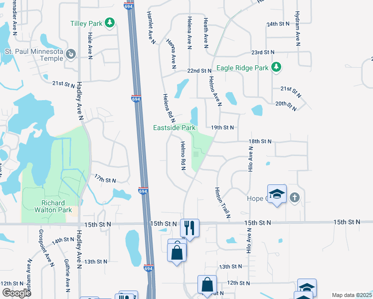 map of restaurants, bars, coffee shops, grocery stores, and more near 1775 Helmo Road North in Oakdale