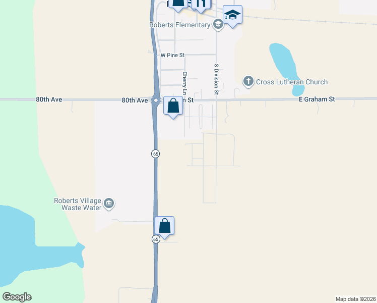 map of restaurants, bars, coffee shops, grocery stores, and more near 623 Ashton Street in Roberts