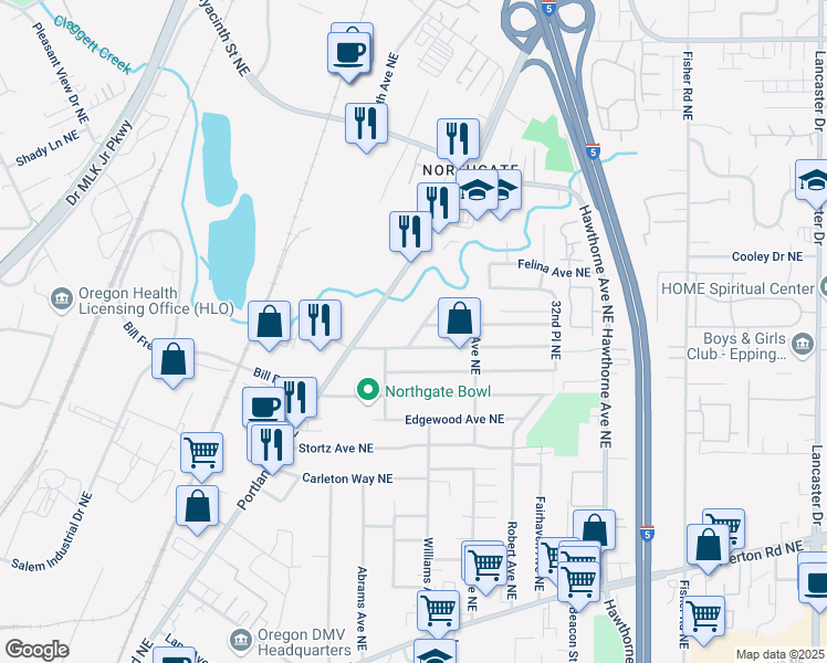 map of restaurants, bars, coffee shops, grocery stores, and more near 2490 Wayside Terrace Northeast in Salem