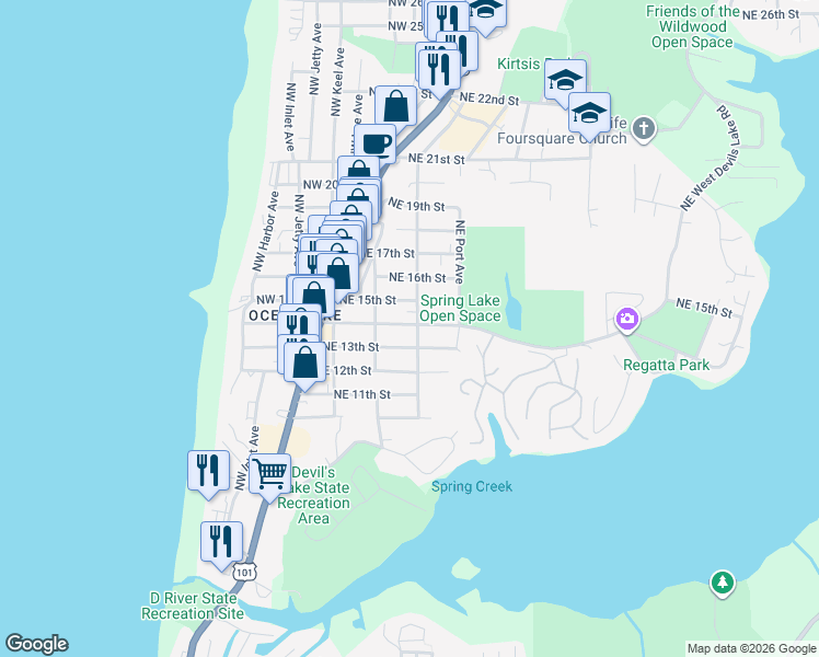 map of restaurants, bars, coffee shops, grocery stores, and more near 1751 Northeast 13th Street in Lincoln City