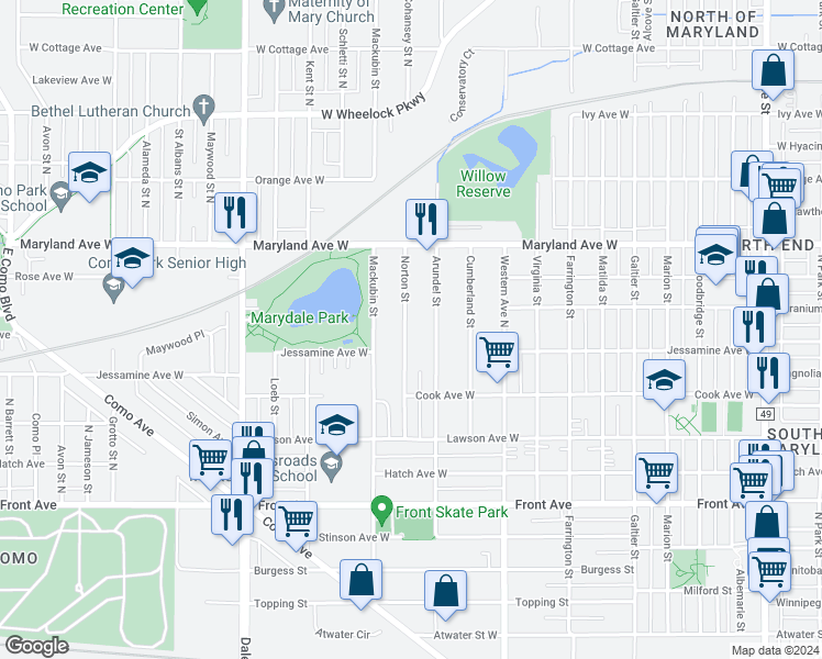 map of restaurants, bars, coffee shops, grocery stores, and more near 1126 Norton Street in Saint Paul