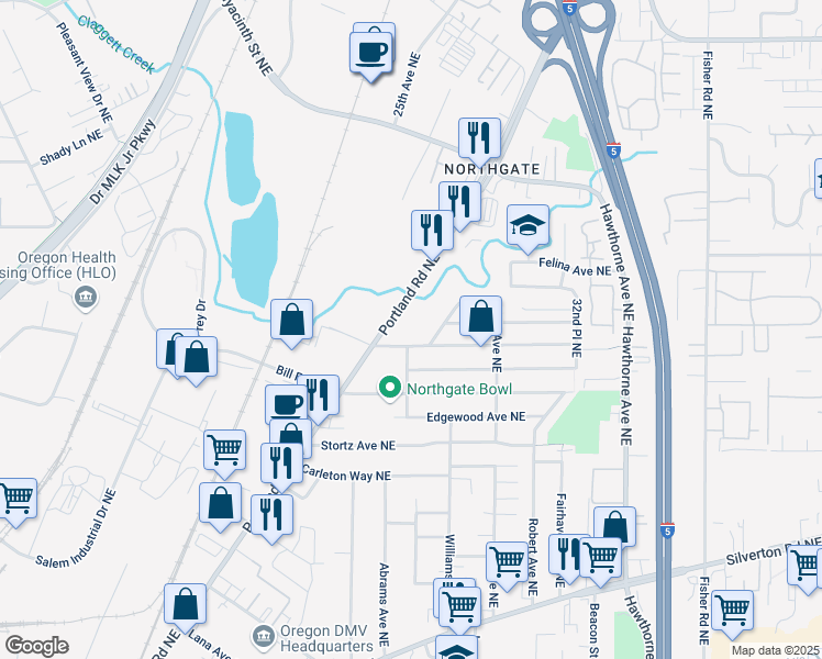 map of restaurants, bars, coffee shops, grocery stores, and more near 2419 Wayside Terrace Northeast in Salem