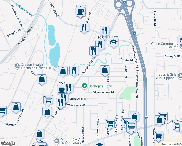 map of restaurants, bars, coffee shops, grocery stores, and more near 2451 Wayside Terrace Northeast in Salem