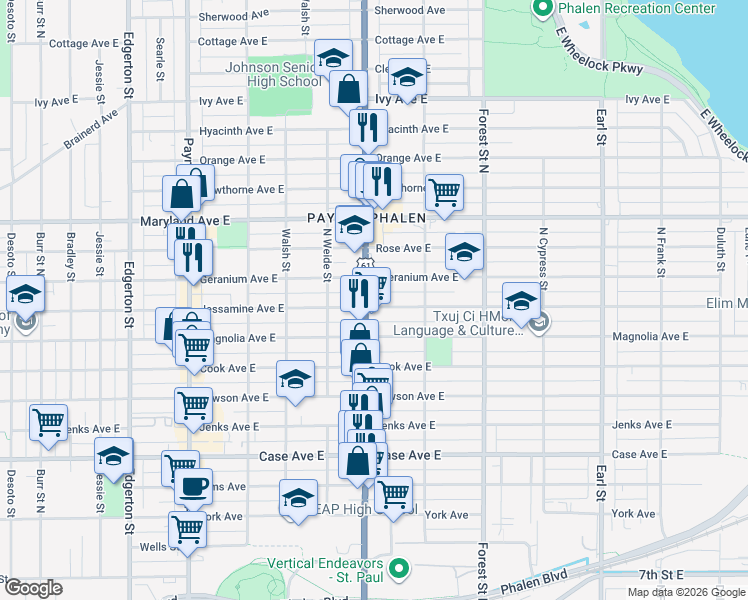 map of restaurants, bars, coffee shops, grocery stores, and more near 1100 Arcade Street in Saint Paul