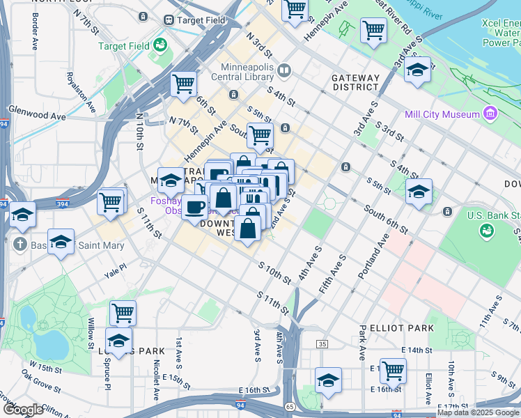 map of restaurants, bars, coffee shops, grocery stores, and more near 801 South Marquette Avenue in Minneapolis